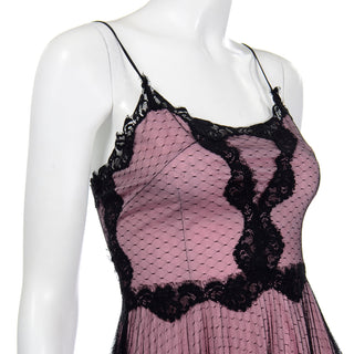 1990s Betsey Johnson Pink Vintage Dress With Black Net Overlay & Lace trim