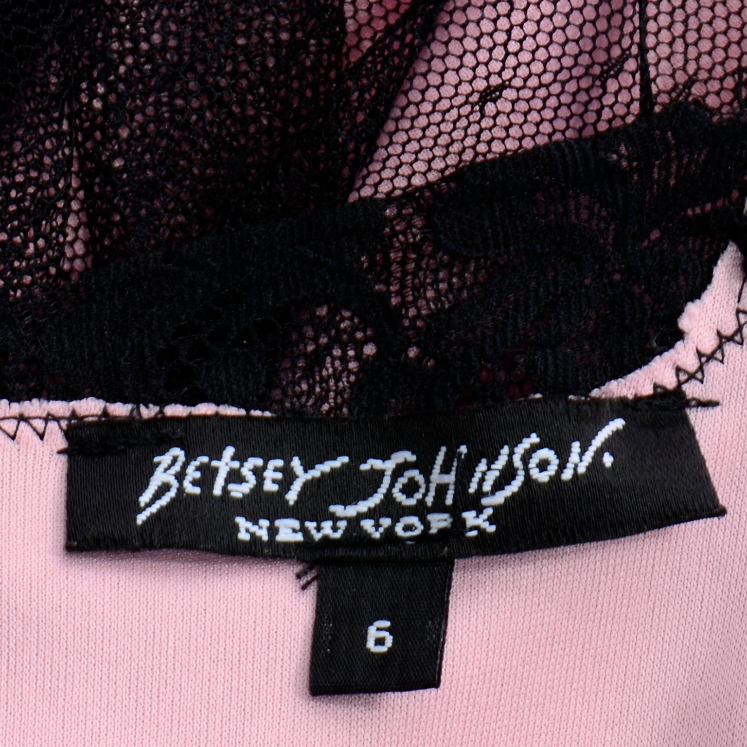 1990s Betsey Johnson Vintage Pink Dress Black Net Overlay & Lace Trim Modig 1990s Betsey Johnson Vintage Pink Dress Black Net Overlay & Lace Trim Modig