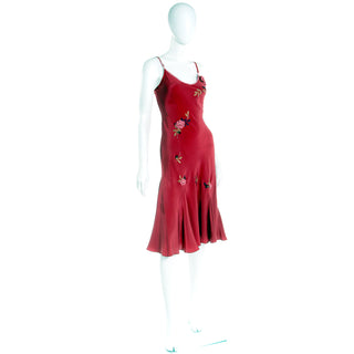 1990s Betsey Johnson Bias Cut Red Slip Dress w Pink Flowers & Embroidery 1920s inspired
