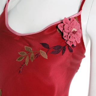 20s inspired 1990s Betsey Johnson Bias Cut Red Slip Dress w Pink Flowers & Embroidery