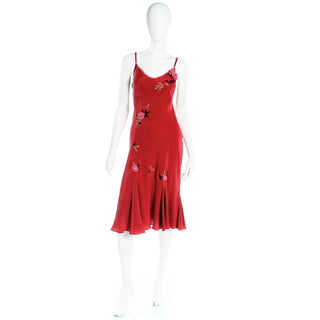 1990s Betsey Johnson Bias Cut Red Slip Dress w Pink Flowers & Embroidered Leaves