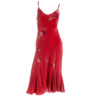1990s Betsey Johnson Bias Cut Red Slip Dress w Pink Flowers & Embroidery Evening 