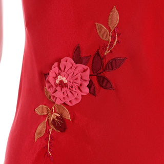 1920s inspired 1990s Betsey Johnson Bias Cut Red Slip Dress w Pink Flowers & Embroidered Leaves