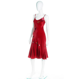 1990s Betsey Johnson Bias Cut Red Slip Dress w Pink Flowers & Embroidery Godet hem