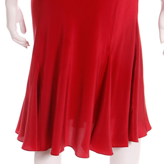 1990s Betsey Johnson Bias Cut Red Slip Dress w Pink Flowers & Embroidery w godet hemline