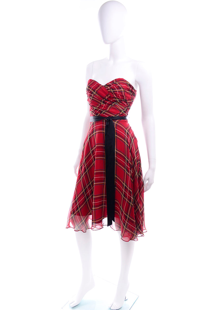 1990s Vintage Betsey Johnson Black Label Strapless Plaid Silk Dress W Modig 1990s Vintage Betsey Johnson Black Label Strapless Plaid Silk Dress W Modig