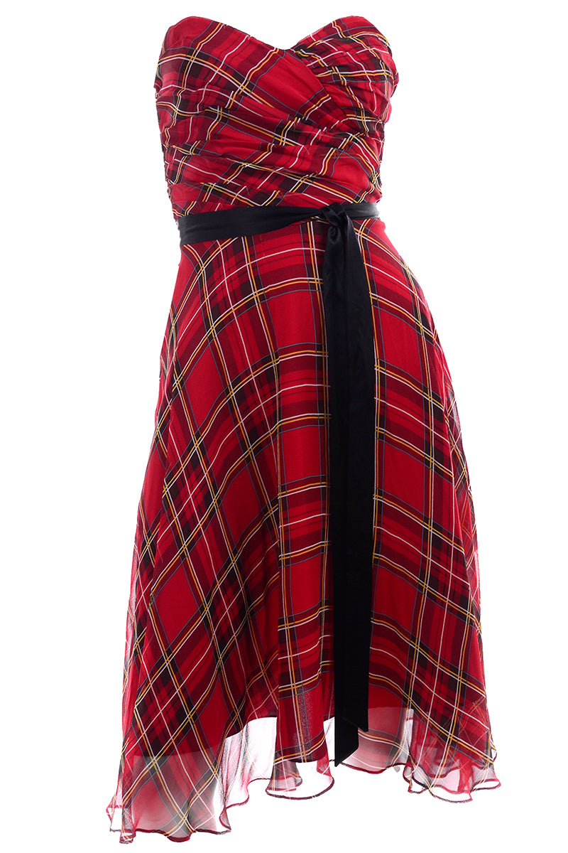 1990s Vintage Betsey Johnson Black Label Strapless Plaid Silk Dress W Modig 1990s Vintage Betsey Johnson Black Label Strapless Plaid Silk Dress W Modig