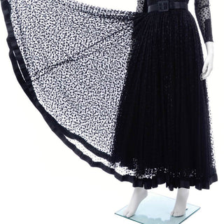1960s Bill Blass Black Polka Dot Net Evening Dress w/ Illusion Bodice full skirt