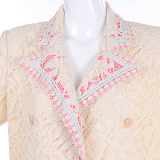 1970s Bill Blass Cream Lace Coat w/ Pink & Blue Ribbon Deadstock