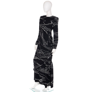 1980s Bill Blass Full Length Vintage Black Dress w/ White Abstract Print with Ruching