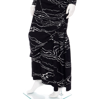 1980s Bill Blass Full Length Vintage Black Dress w/ White Abstract Print Ruching