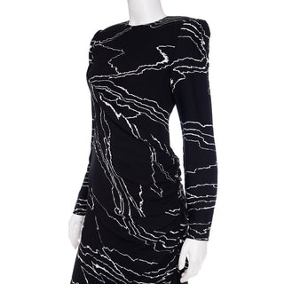 Vintage 1980s Bill Blass Full Length Vintage Black Dress w/ White Abstract Print