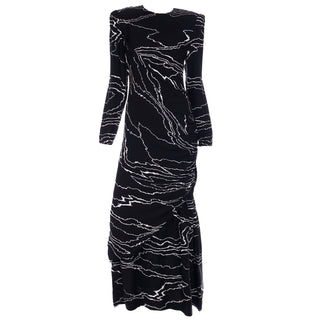 Vintage 1980s Bill Blass Full Length Vintage Black Dress w/ White Abstract Print M