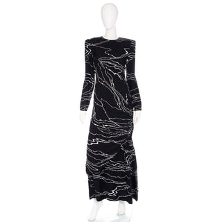 1980s Bill Blass Full Length Vintage Black Dress w/ White Abstract Print M