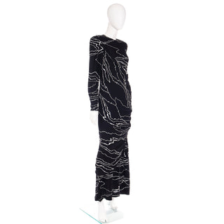 1980s Bill Blass Full Length Vintage Black Dress w/ White Abstract Print Ruched