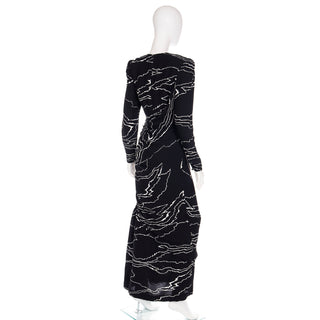 1980s Bill Blass Full Length Vintage Black Dress w/ White Abstract Print Rare