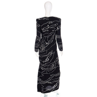 1980s Bill Blass Full Length Vintage Black Dress w/ White Abstract Print Long Sleeves