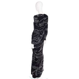 1980s Bill Blass Full Length Vintage Long Black Dress w/ White Abstract Print 