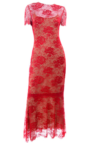 Bill Blass Vintage Red Lace Evening Dress  and Nude Silk Slip at Modig 