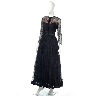 Vintage Bill Blass Black Polka Dot Net Evening Dress w/ Illusion Bodice