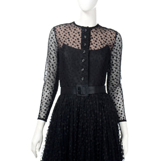 1960s Bill Blass Black Polka Dot Net Evening Dress w/ Illusion Bodice with belt