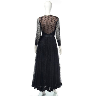 1960s Bill Blass Black Polka Dot Net Evening Dress w/ Illusion Bodice low back