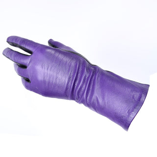 Vintage Bill Blass Purple and Black Two Toned Leather Gloves lined in red silk size 7