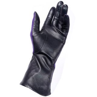 Vintage Bill Blass Purple and Black Two Toned Leather Gloves red silk lining size 7
