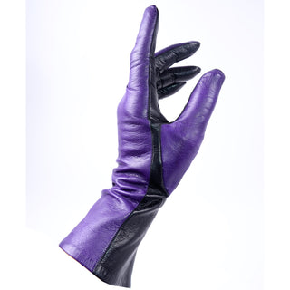 Vintage Bill Blass Purple and Black Two Toned Leather Gloves lined in red silk