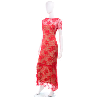 Modig Bill Blass Vintage Red Lace Evening Dress With Nude Silk Slip