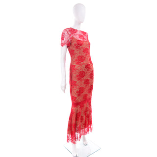 Modig Bill Blass Vintage Red Lace Evening Dress & Nude Silk Slip