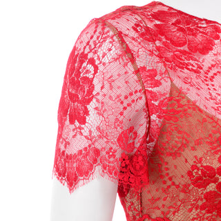 Fine Bill Blass Vintage Red Lace Evening Dress With Nude Silk Slip