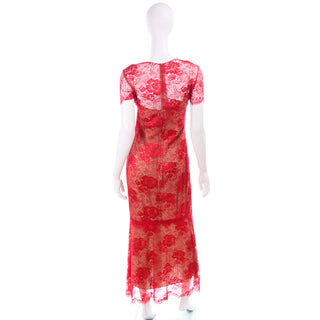 Bill Blass Vintage Red Lace Evening Dress With Nude Silk Slip at Modig