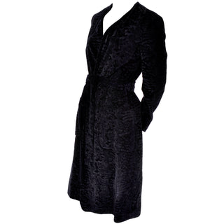 1970s Bill Blass Wrap Coat in Black Flocked Velvet w/ Pockets & Belt