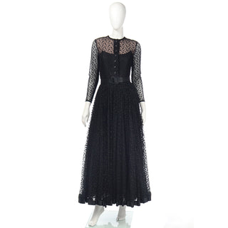 1960s Bill Blass Black Polka Dot fine Net Evening Dress w/ Illusion Bodice