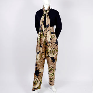 1970s/1980s Bill Blass brown floral silk high waisted pants, jacket and scarf
