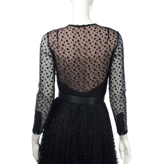 1960s Bill Blass Black Polka Dot Net Evening Dress w/ Illusion Bodice with low back