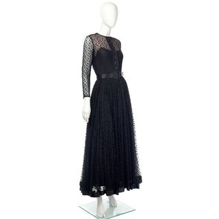 1960s Bill Blass Black Polka Dot Net Evening Dress w/ Illusion Bodice and full skirt