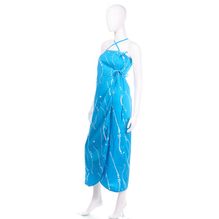 Bill Tice Graphic Print Blue Cotton Maxi Dress With Cross Straps 1970s