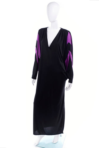 1980s Bill Tice Vintage Black & Purple Jersey Dress W Batwing Sleeves