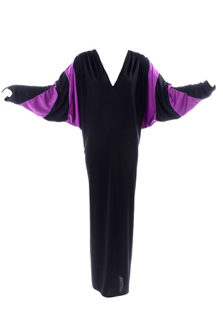 Dramatic Bill Tice Vintage Black & Purple Jersey Dress W Batwing Sleeves
