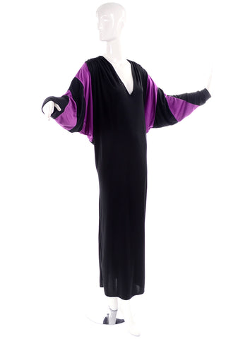 80s Bill Tice Vintage Black & Purple Jersey Dress W Batwing Sleeves