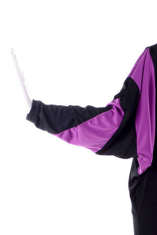 1980s Drama Bill Tice Vintage Black & Purple Jersey Dress W Batwing Sleeves