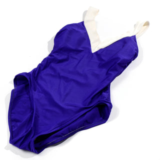 1980s Bill Blass Blue/Purple and White High Cut One PIece Swimsuit