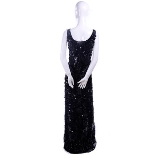 Vintage Evening Gown Dress in Black W Sequins & Paillettes with Train & Bustle Sz M