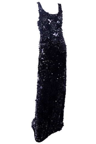 Vintage Evening Gown Dress in Black W Sequins & Paillettes with Train & Bustle