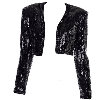 1990s Fabrice Silhouette Beaded & Sequin Cropped Black Evening Jacket 80s