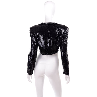1990s Fabrice Silhouette Beaded & Sequin Cropped Black Open Front Evening Jacket
