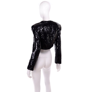 1990s Vintage Fabrice Silhouette Beaded & Sequin Cropped Black Evening Jacket