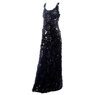 Vintage Evening Gown Dress in Black W Sequins & Paillettes w Train & Bustle Size Medium 
